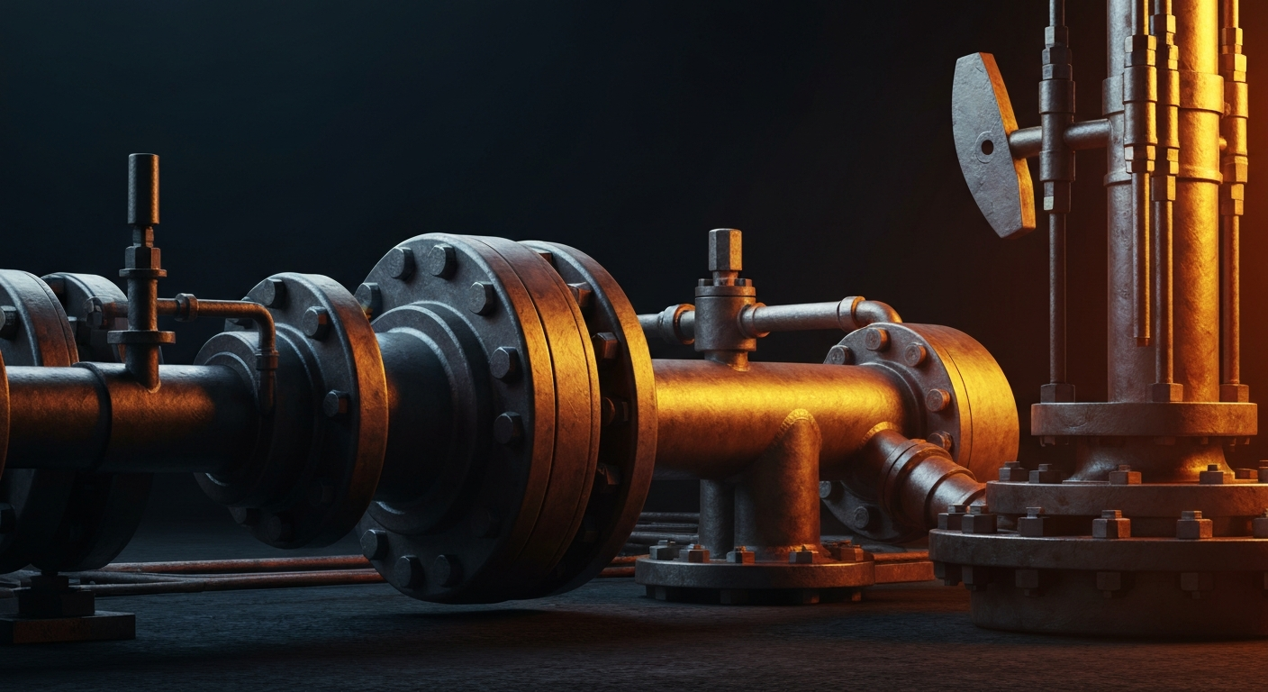 A highly detailed, black-and-white close-up image of industrial oil and gas equipment, capturing the physical scale and technical complexity of the energy industry's infrastructure.