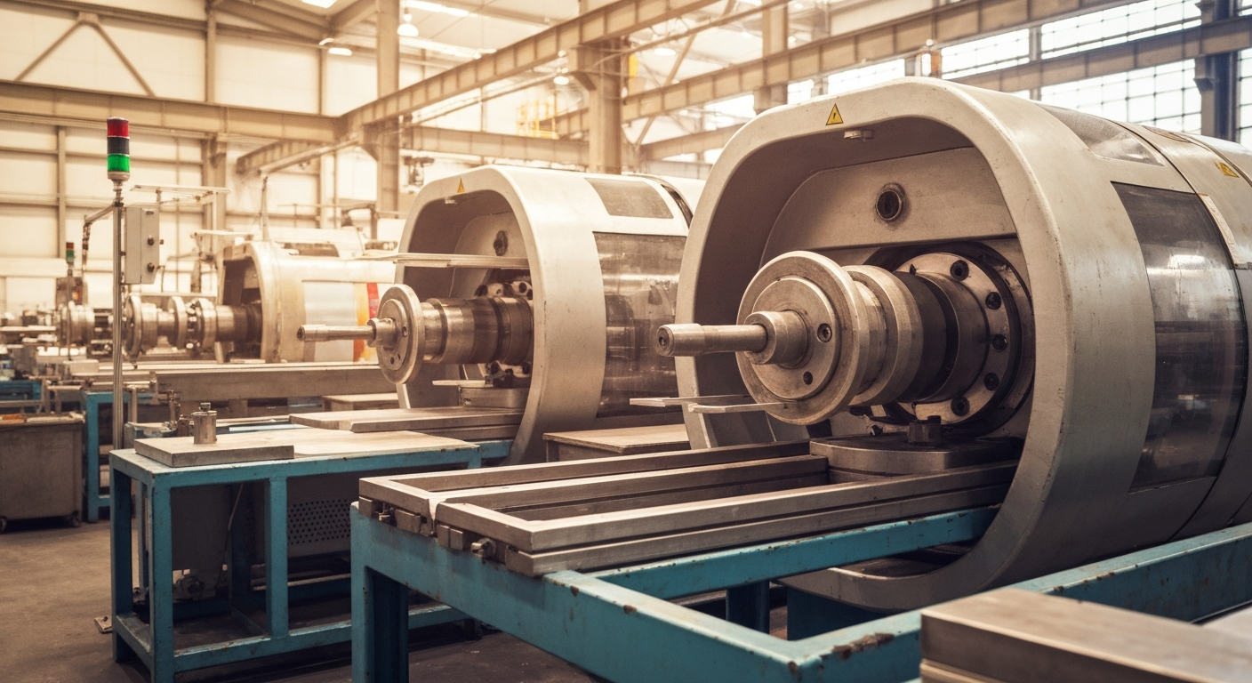 An extreme close-up of gears, levers, and other heavy industrial equipment used in the production of wood cabinets, conveying the complex, mechanical nature of the company's operations.