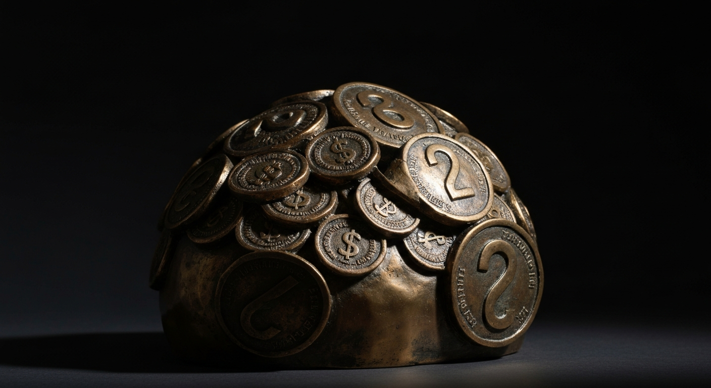 An extreme close-up of a heavy, metallic financial object or symbol, its surface reflecting dramatic lighting and shadows, conveying a sense of strength and endurance in the face of economic uncertainty.