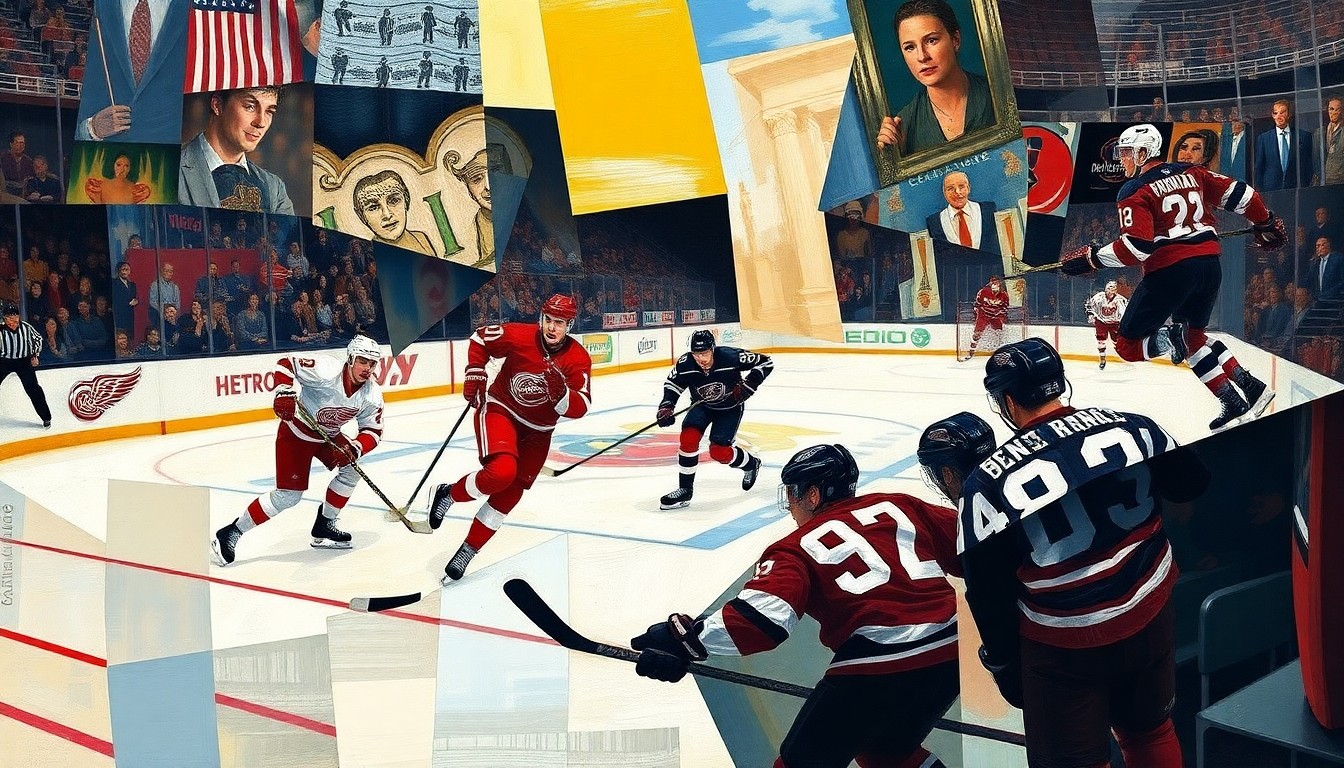 A cubist-style painting depicting a hockey game between the Detroit Red Wings and New Jersey Devils, with the players' movements and the intensity of the game captured through sharp, overlapping geometric planes in a vibrant color palette.