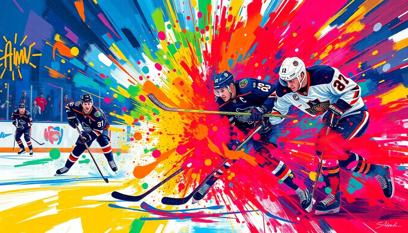A dynamic, abstract painting in vibrant neon colors, capturing the raw energy and intensity of a high-stakes NHL playoff push, with players' figures dissolving into unrecognizable splatters of color.
