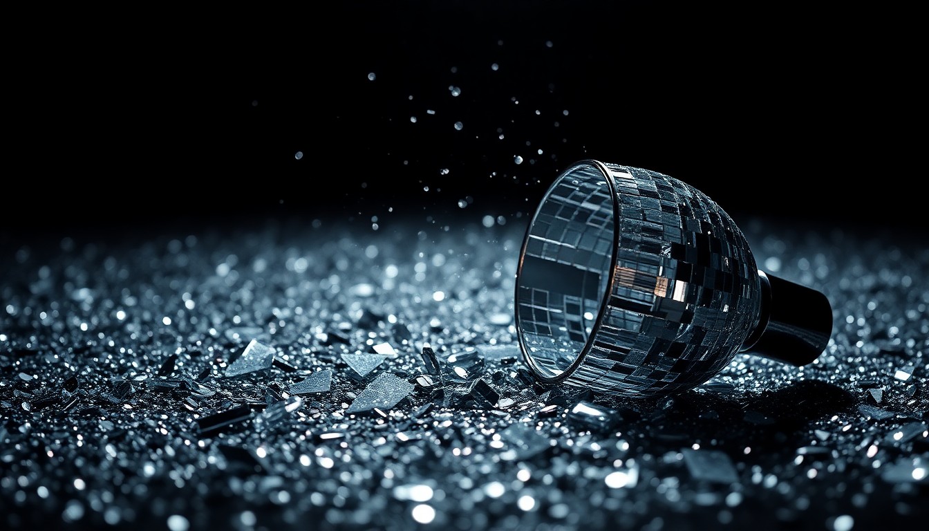 An abstract, close-up image of shimmering sequins and shattered glass, capturing the dazzling visual style and celebratory mood of the 'Dhurandhar' franchise's unprecedented success.