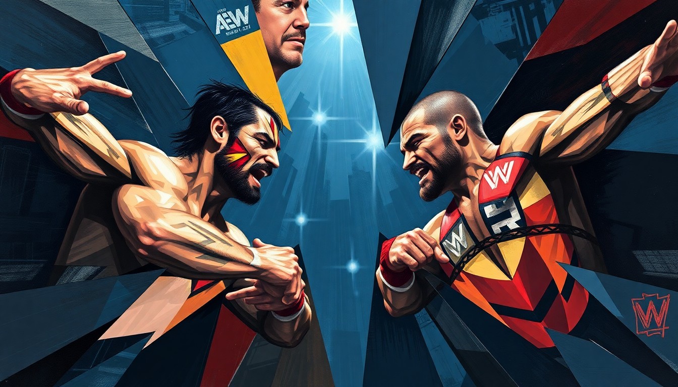 A fractured, multi-perspective painting in the style of Pablo Picasso, breaking down the action and energy of the AEW Dynasty 2026 tag team championship match into sharp, overlapping geometric planes of color and form.