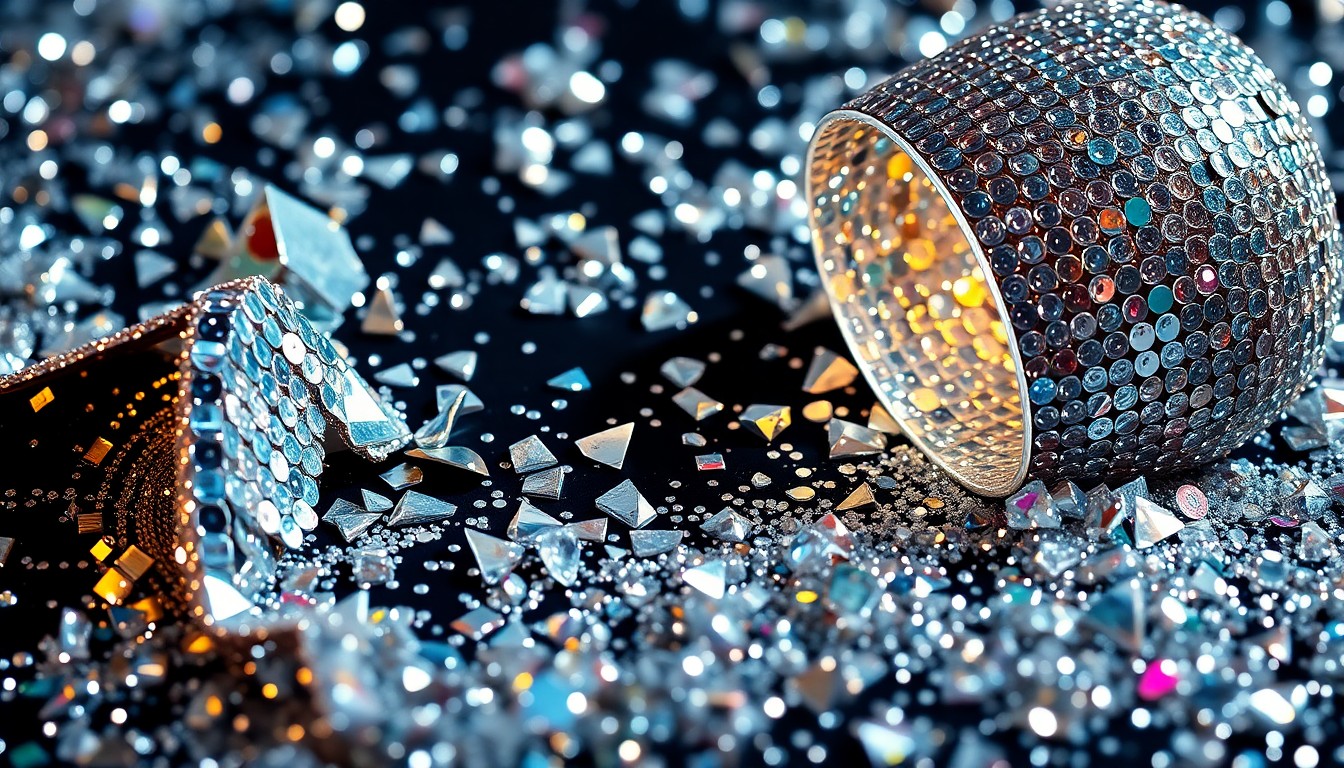 An abstract close-up image of glittering sequins and shattered disco glass, captured in dramatic studio lighting to represent the mixed reactions to Justin Bieber's Coachella performance.
