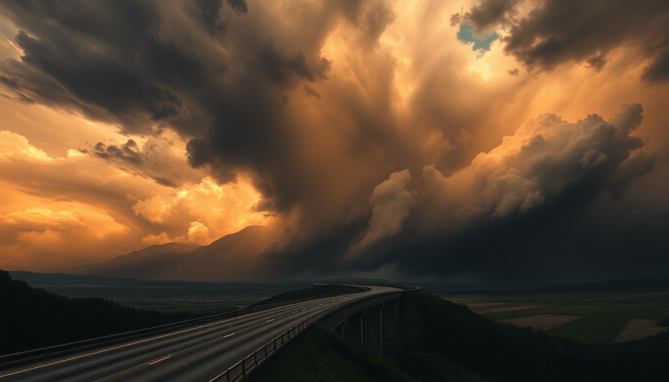 A dramatic landscape painting depicting a highway bridge and road dwarfed by a powerful, atmospheric storm system, conveying the overwhelming scale of the natural forces impacting the local infrastructure.