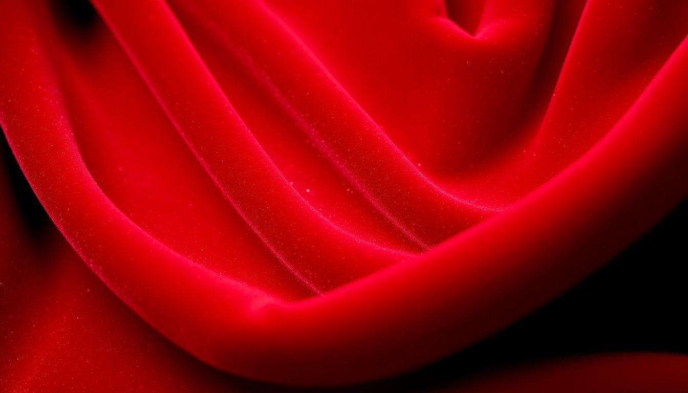 An extreme close-up photograph of luxurious red velvet fabric, capturing the rich, glitzy texture and materiality associated with Hollywood glamour and red-carpet fashion.