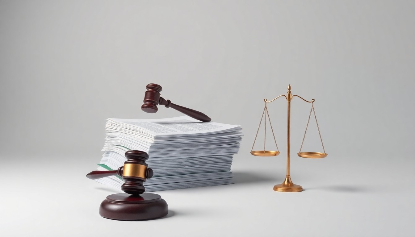 A photorealistic studio still life featuring a stack of legal documents, a gavel, and a scale of justice, conceptually representing the abstract corporate strategy and legal battles surrounding a major media merger.