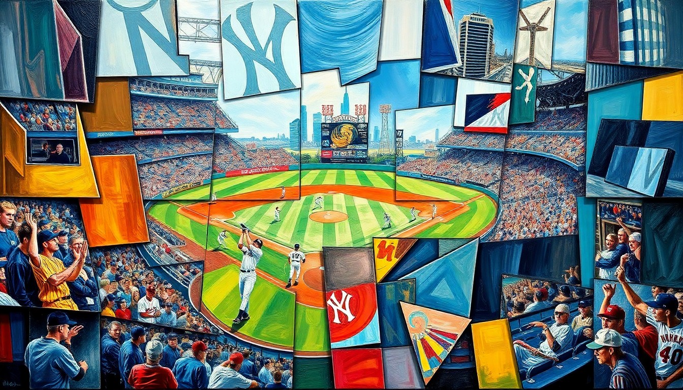 A cubist-style painting depicting a baseball game or match, with the players and field broken down into sharp, overlapping geometric shapes and planes, capturing the dynamic energy and tension of the sport.