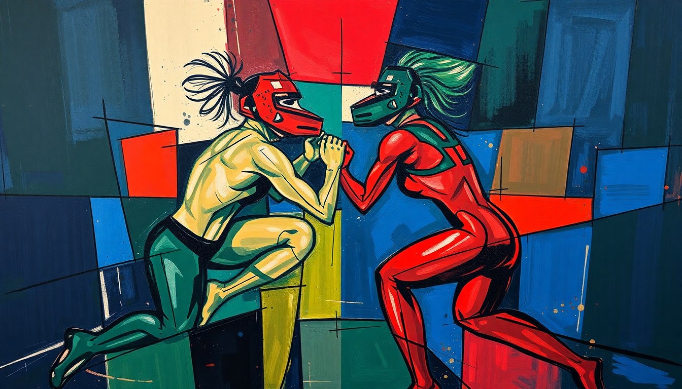 A fractured, geometric painting depicting the dynamic movements of a women's wrestling match, with sharp planes of navy, green, and red overlapping to create a sense of motion and energy.