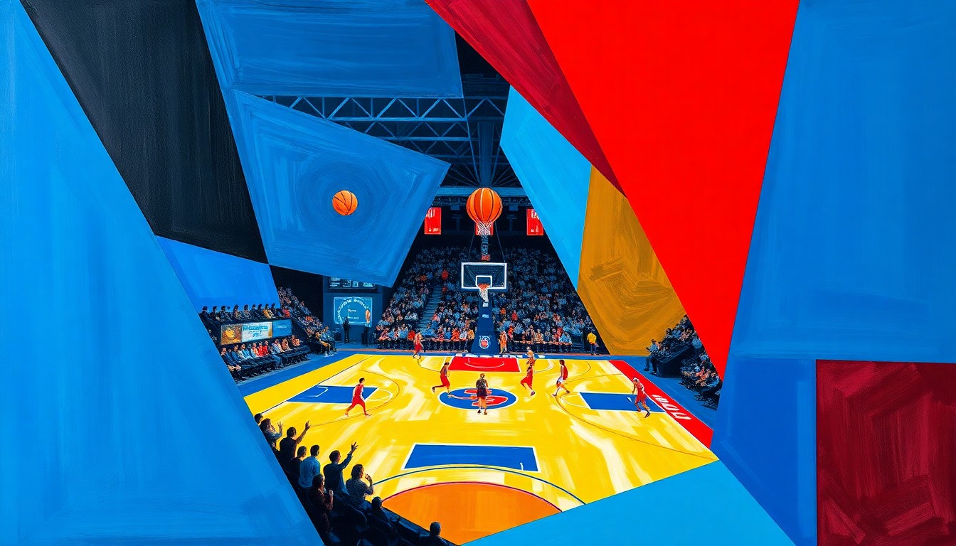 A cubist-style painting featuring overlapping geometric shapes in shades of blue, red, and yellow, capturing the dynamic movement and energy of a WNBA basketball game.