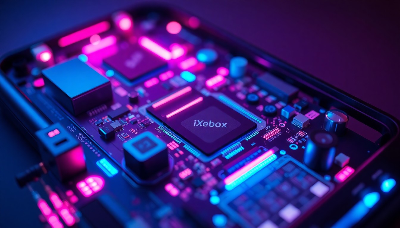A highly detailed, glowing 3D illustration of a smartphone's internal circuit boards, processors, and other hardware components, bathed in neon cyan and magenta lighting to convey the complex digital nature of modern consumer technology.