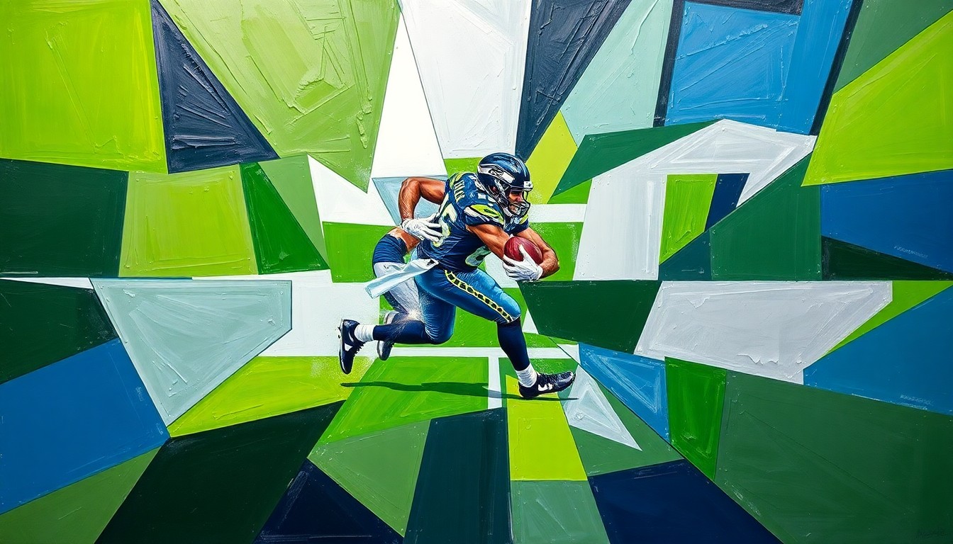 A cubist, geometric painting depicting a Seattle Seahawks running play broken down into overlapping planes of green, blue, and silver, conveying the complexity of recreating explosive offensive potential.