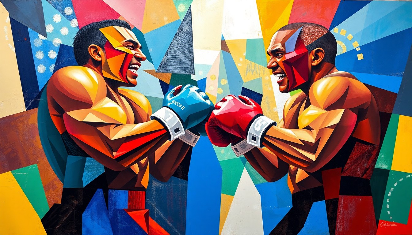 A cubist, geometric painting depicting the Chisora-Wilder boxing match, with sharp, overlapping planes of color representing the intensity and energy of the fight.