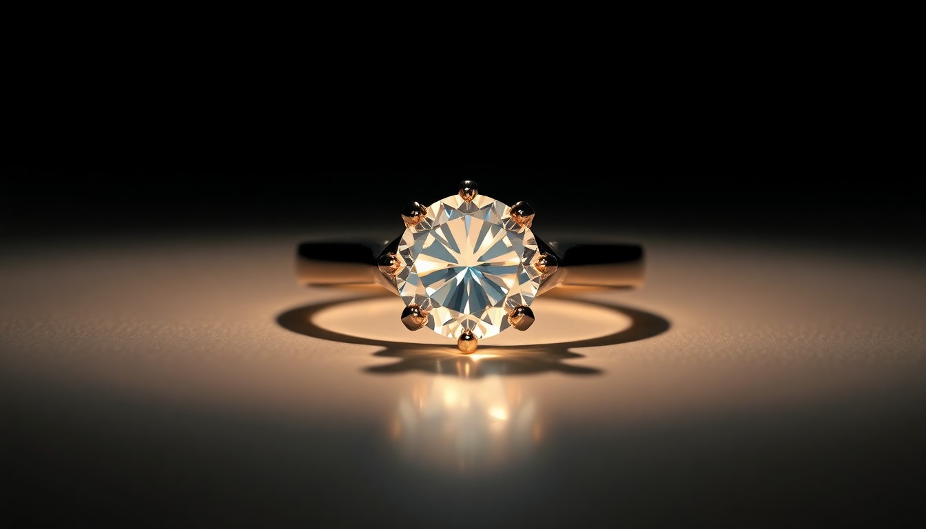 An abstract close-up photograph of a diamond engagement ring reflecting dramatic studio lighting, capturing the glamour and anticipation of a surprise proposal.