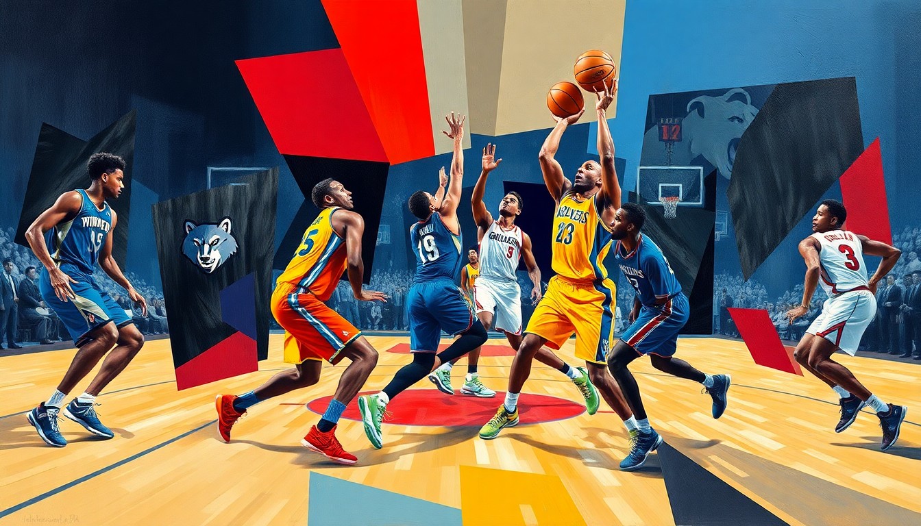 A fragmented, geometric painting depicting the dynamic movements and energy of a basketball game, with the players' forms broken down into abstract shapes and planes of color in the style of Pablo Picasso.