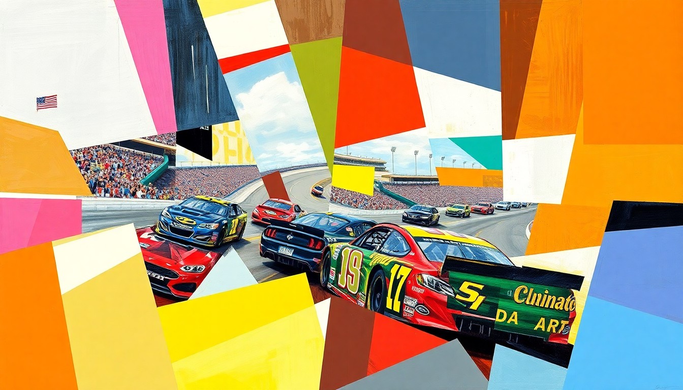 A cubist, geometric painting depicting the chaotic action of a NASCAR race, with overlapping planes of color and shape representing the cars, track, and high-stakes competition.
