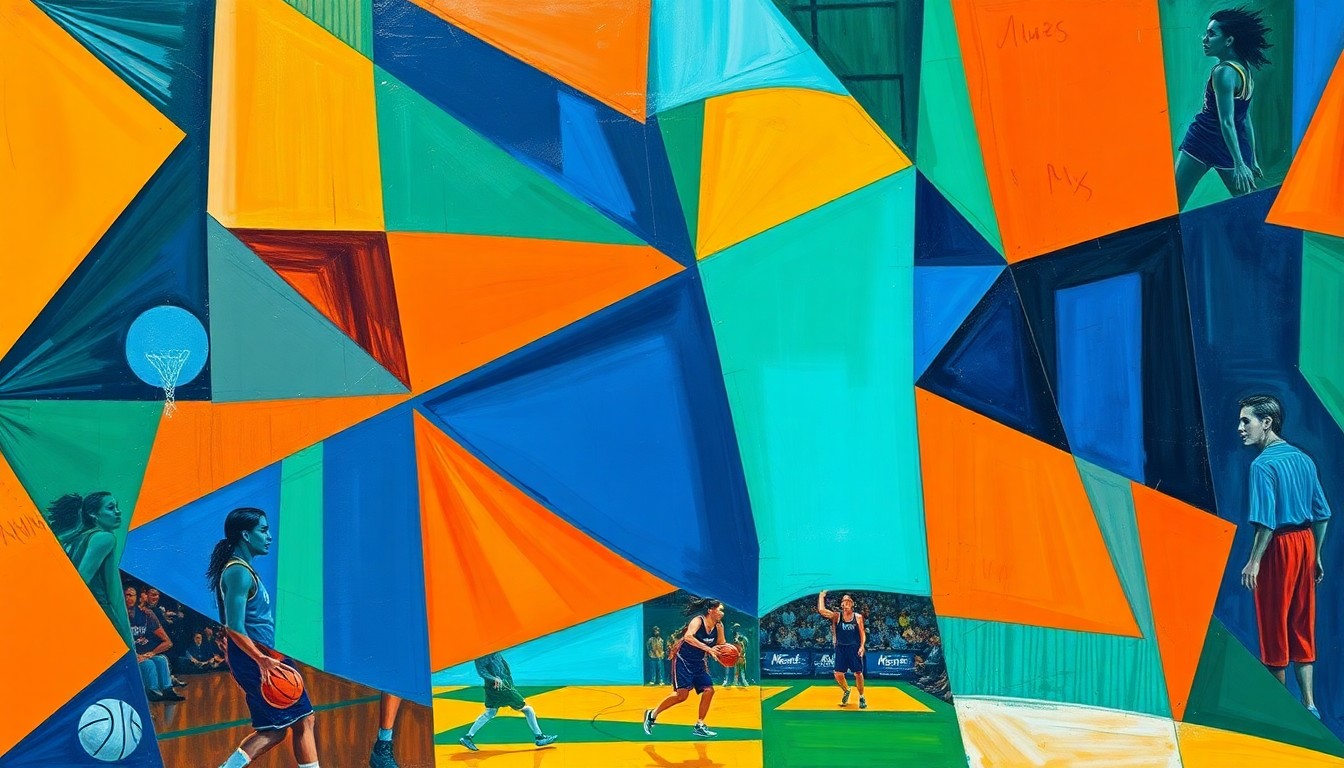A fractured, geometric painting in vibrant colors depicting the action and movement of a women's basketball game, with sharp, overlapping planes representing the strategic and competitive nature of the sport.