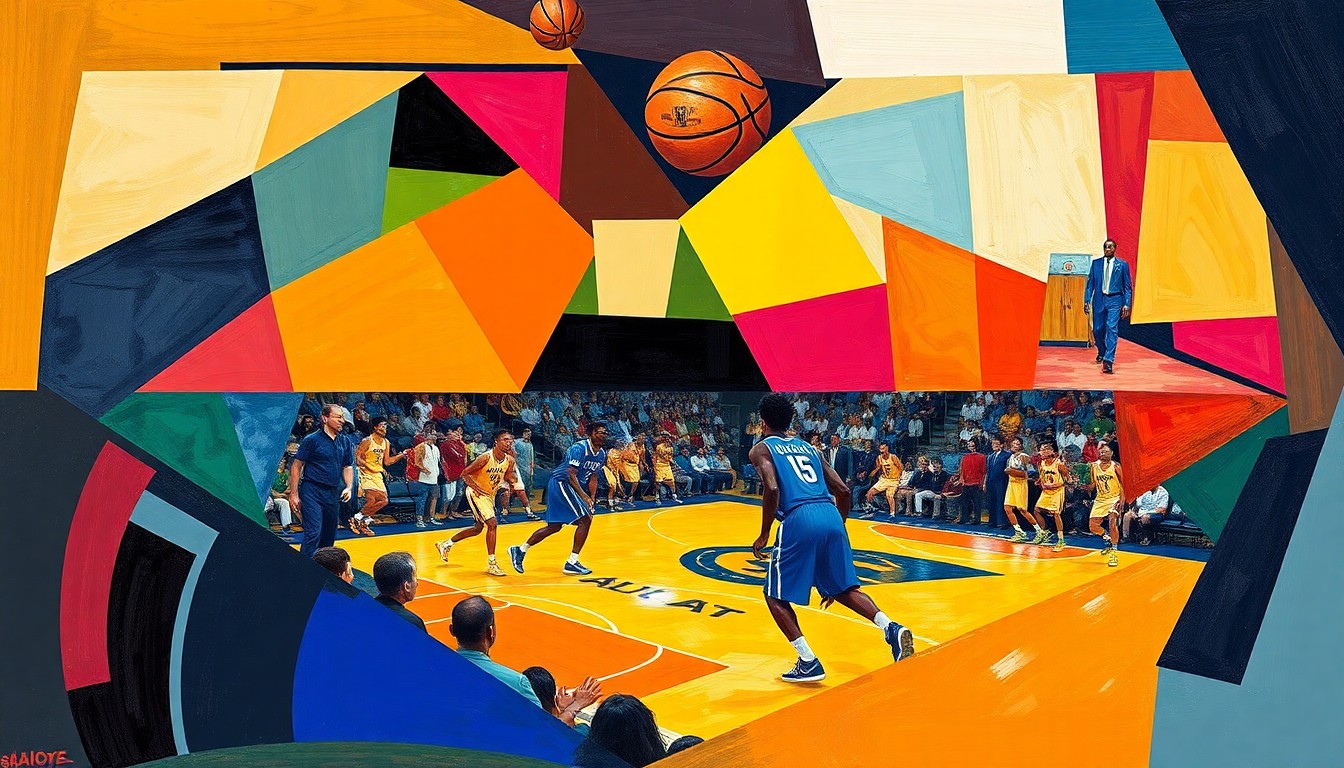 A cubist, geometric painting depicting a basketball game in progress, with the players and court elements fractured into overlapping planes of vibrant colors representing the teams' uniforms.
