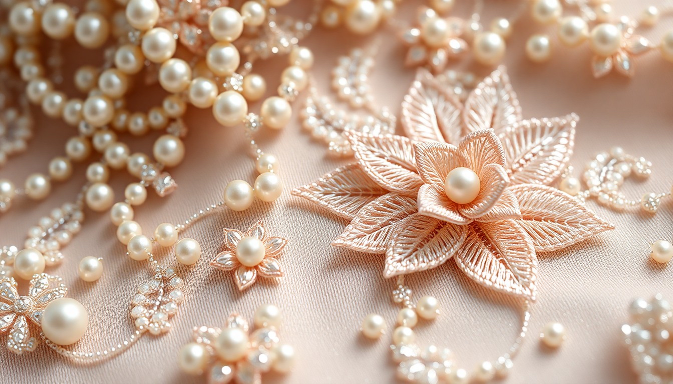 An extreme close-up photograph of intricate pearl and floral embroidery on a shimmering fabric, capturing the luxurious and elegant details of Nikita Porwal's Grazia Fashion Awards gown.
