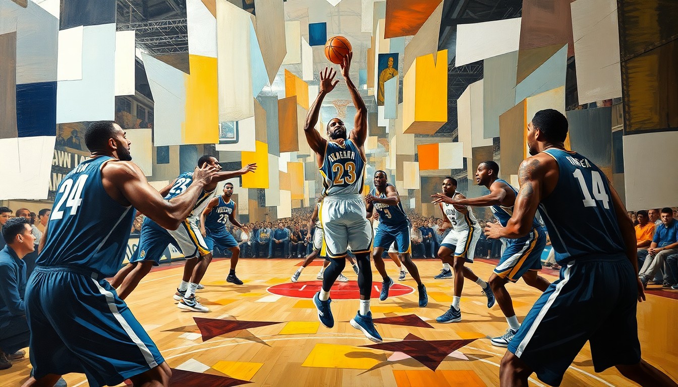 A fragmented, geometric painting depicting the physicality of a basketball game, with sharp, overlapping shapes and planes representing the intensity of the on-court action.
