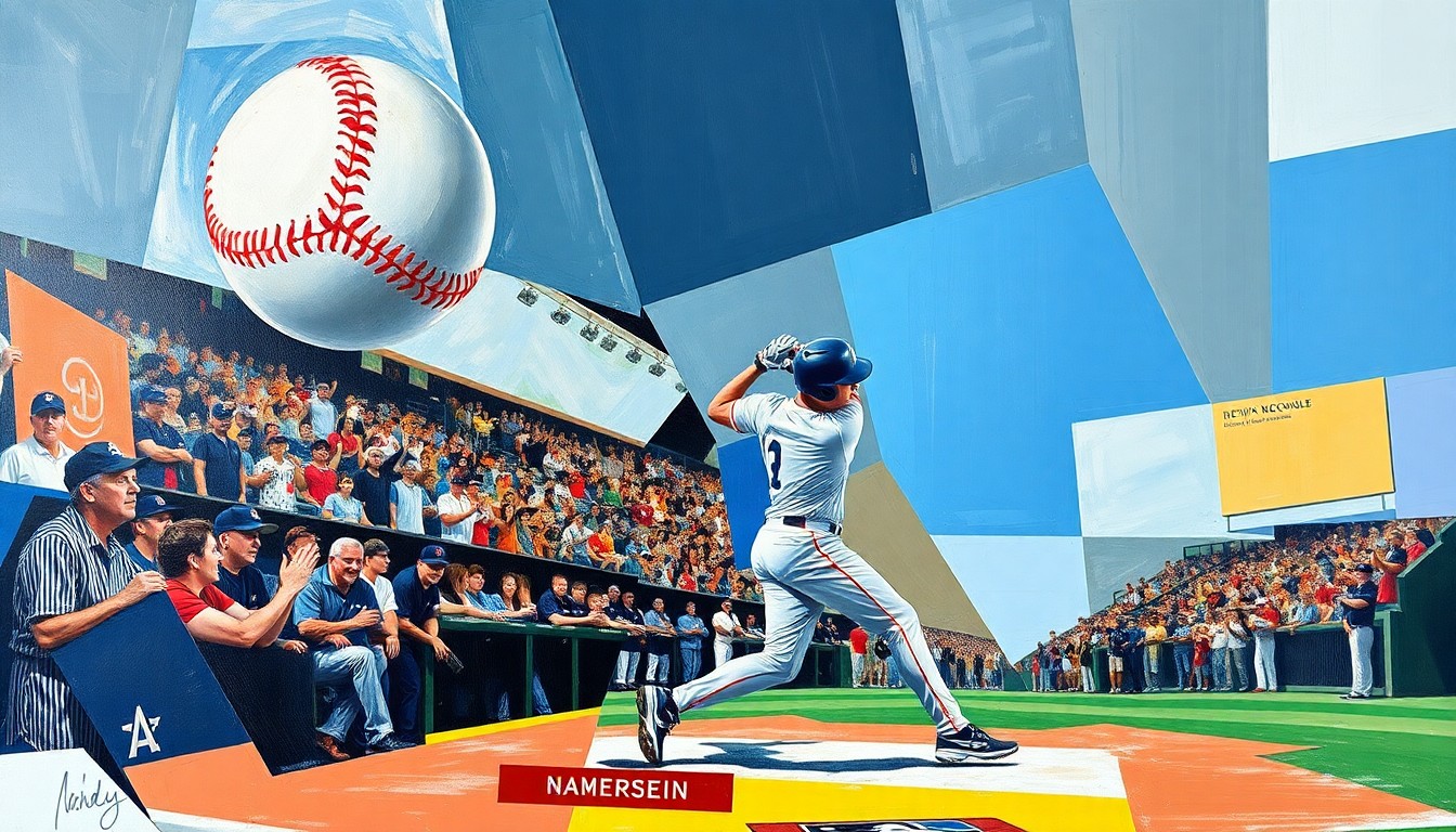 A fractured, geometric painting depicting the baseball in flight, the batter's swing, and the crowd's reaction, all broken down into sharp, overlapping planes of color and form to capture the dynamic energy of the moment.