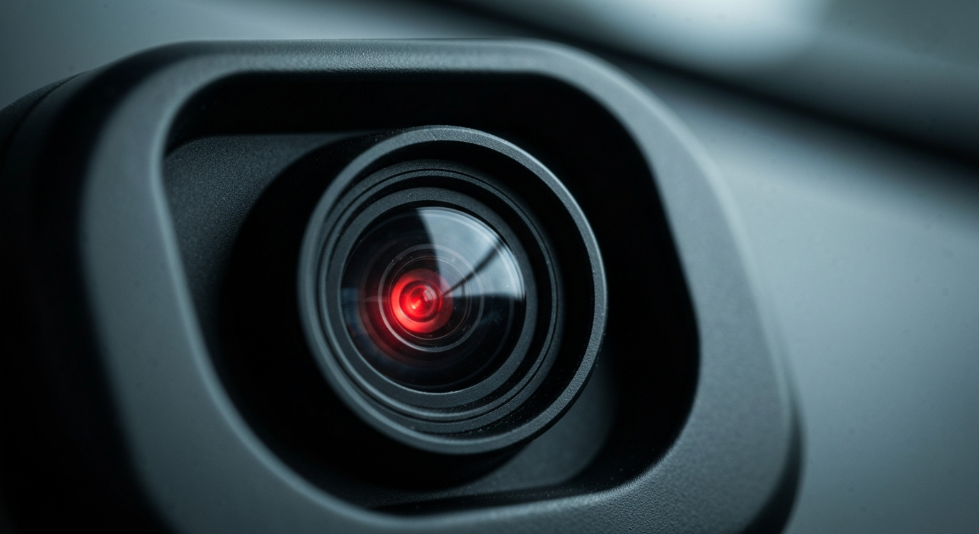 An extreme close-up of a shattered car sensor lens reflecting a faint red light, conceptually illustrating the vandalism of self-driving cars.