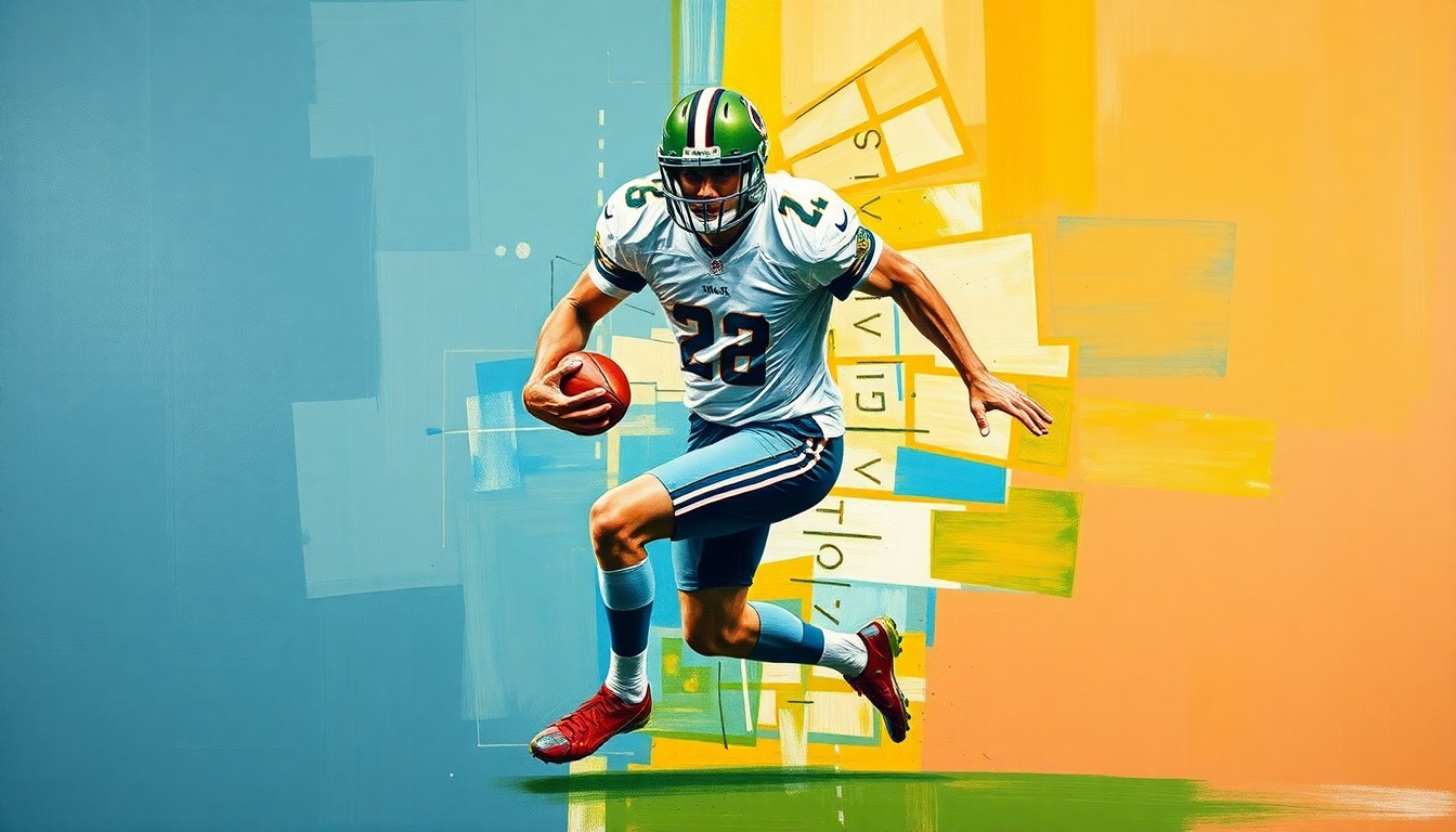 A cubist-style painting depicting a football player in motion, broken down into sharp, overlapping geometric shapes and planes, conveying a sense of movement and strategic complexity.