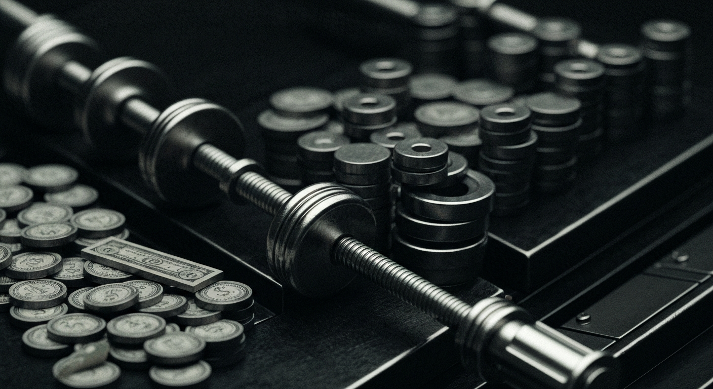 An extreme close-up of intricate, metallic banking machinery and mechanisms, conveying the complex, imposing nature of financial systems and institutions.