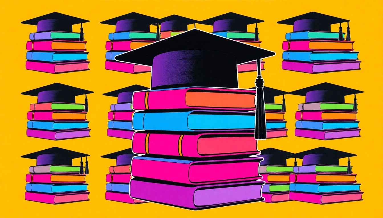 A brightly colored, high-contrast silkscreen print of a stack of textbooks and a graduation cap repeated in a tight grid pattern, conceptually representing the educational and career advancement opportunities offered by the new initiative.