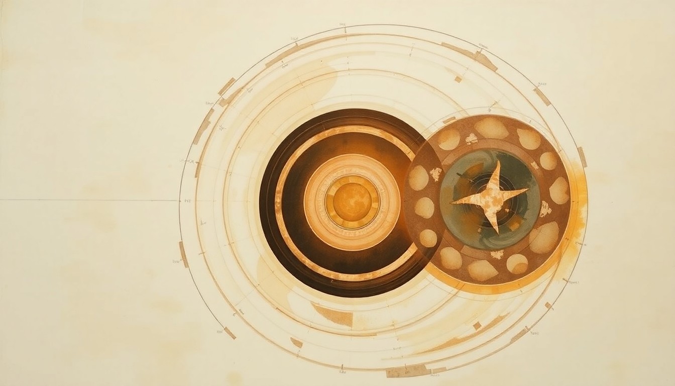 A bold, abstract painting featuring sweeping geometric arcs, concentric circles, and precise botanical spirals in earthy tones, conceptually representing the intricate systems and operations involved in NASA's Artemis missions.