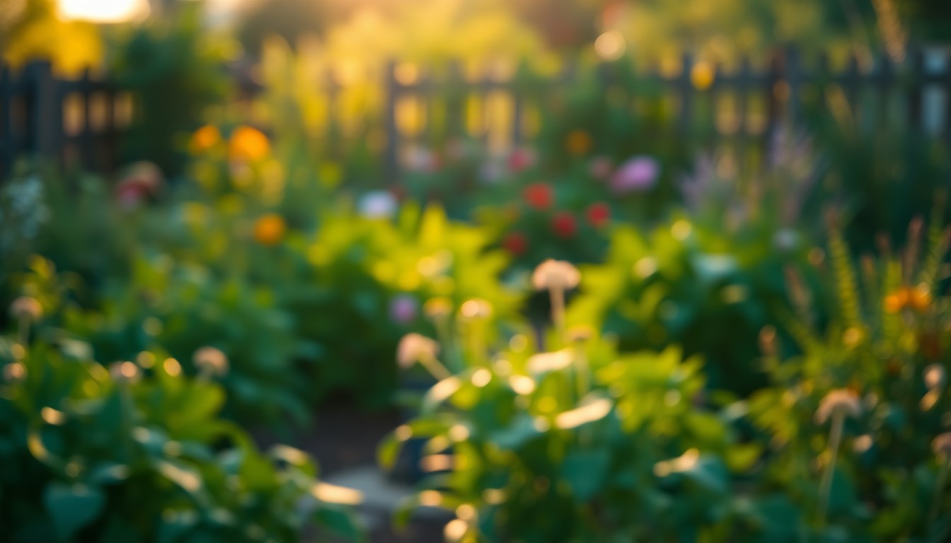A softly focused, atmospheric photograph of a thriving garden in Pittsburgh, with muted colors and warm, golden light creating a serene and inviting mood.