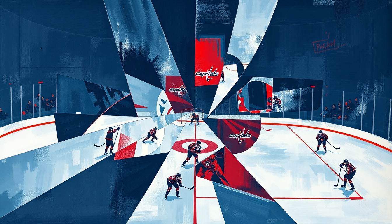 A cubist-style painting depicting a fractured, multi-perspective view of a hockey game, with sharp geometric planes in navy blue, red, and white representing the Capitals' struggles on the ice.