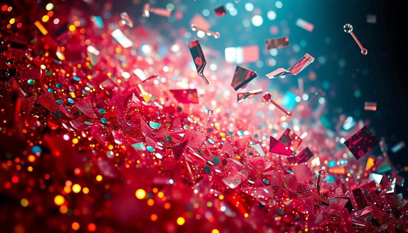 An extreme close-up photograph of shimmering sequins and shards of reflective glass, capturing the high-fashion glamour and underlying chaos of an exclusive celebrity-filled music festival party.