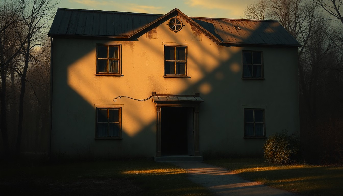 A dimly lit, cinematic painting of an old, weathered hospice building with peeling paint and a worn, wooden exterior, bathed in warm, diagonal sunlight and deep shadows, conveying a sense of solemnity and timelessness.