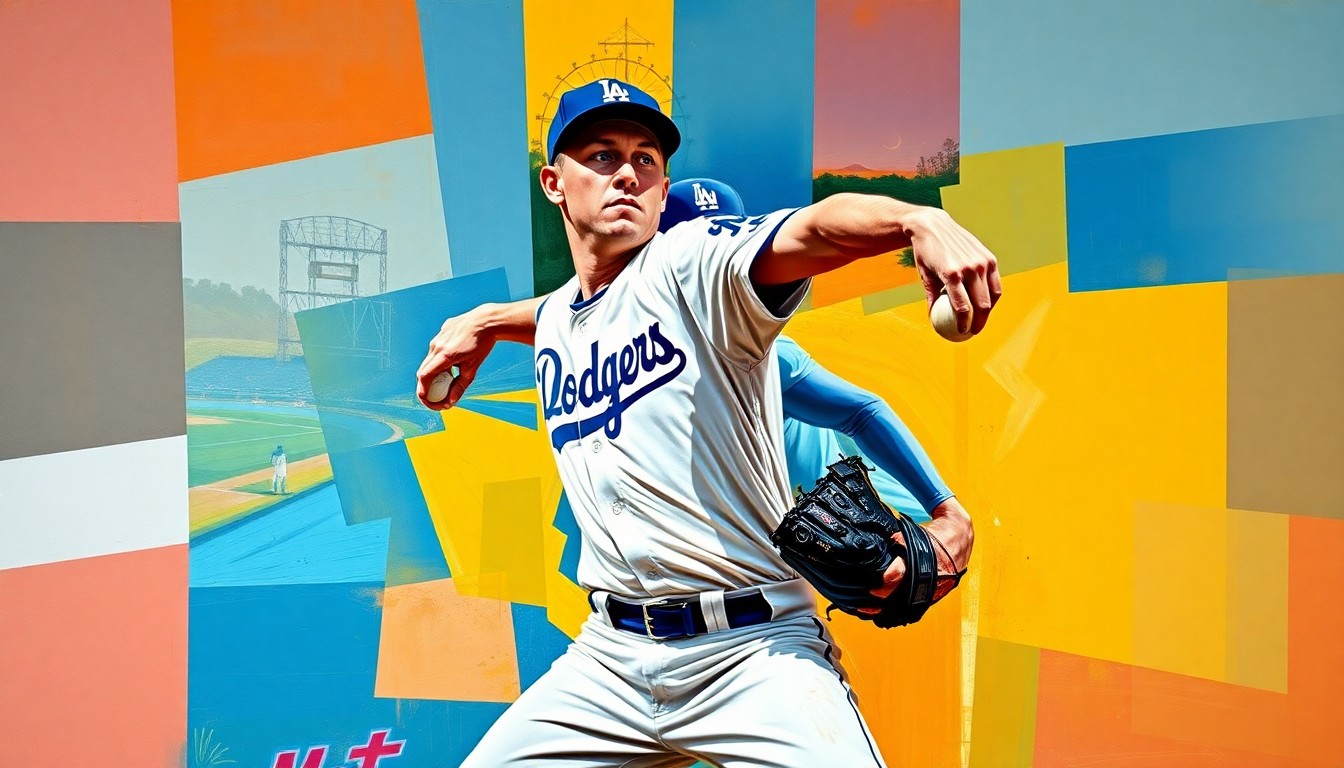A cubist-style painting depicting a baseball pitcher's windup and delivery, broken down into sharp, overlapping geometric shapes in the colors of the Dodgers and Mets uniforms, conveying the complex dynamics of Diaz's free agency decision.