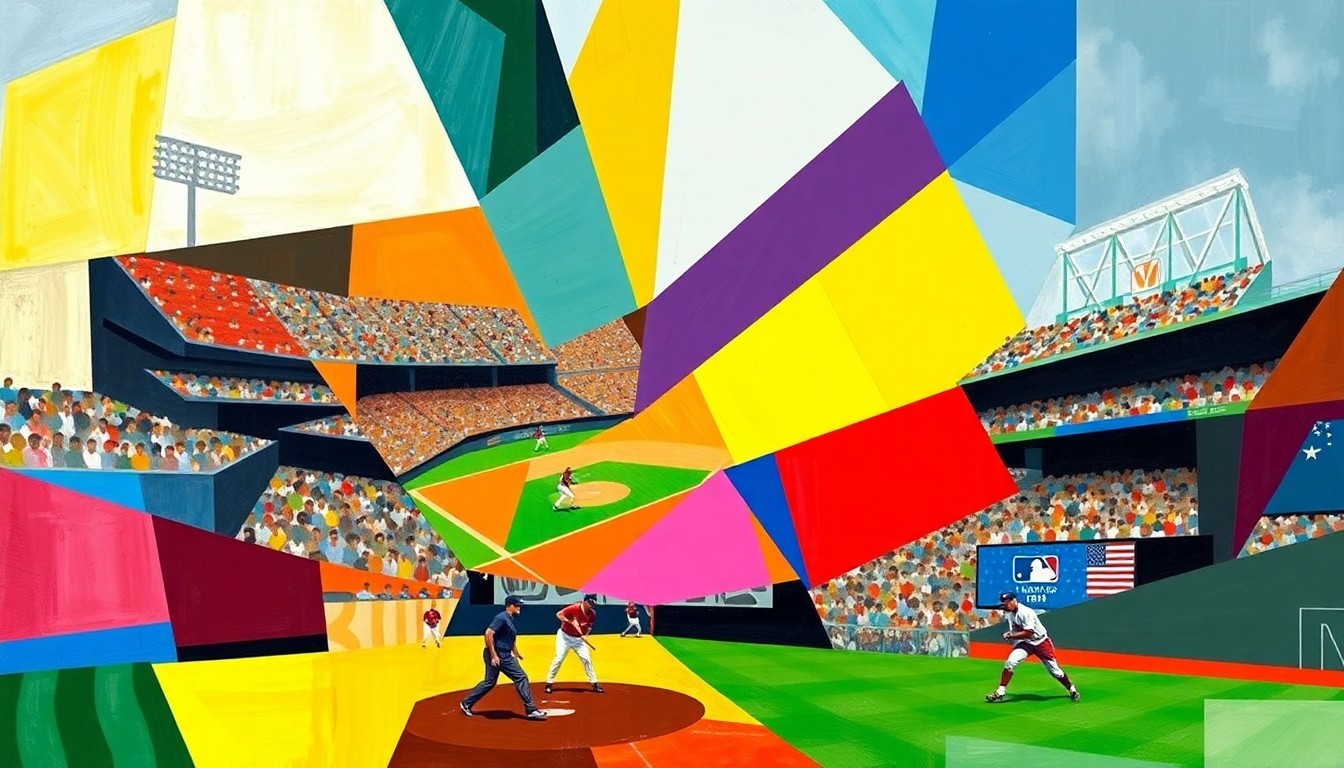 A cubist, geometric painting depicting a baseball game or competition, with sharp, overlapping planes of color representing the energy and dynamism of the sport.