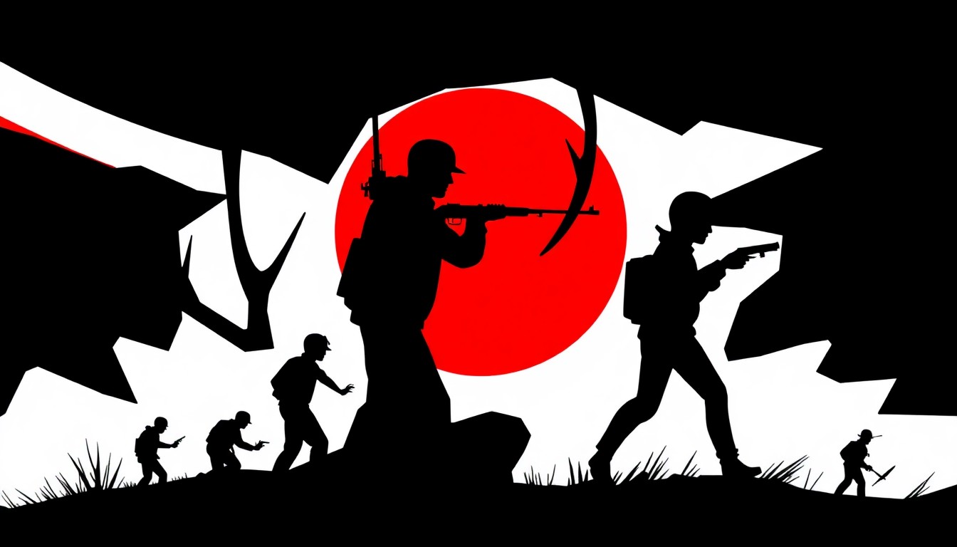 An abstract, minimalist illustration featuring sharp, jagged geometric shapes in bold red and black, conceptually representing the divisive legacy of the Vietnam War film 'The Deer Hunter.'