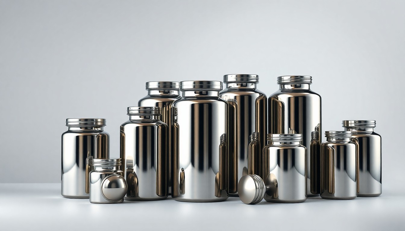 A high-end studio still life photograph featuring a group of polished metal supplement canisters and bottles arranged elegantly on a clean, monochromatic background, conveying a sense of precision and control in inventory management.