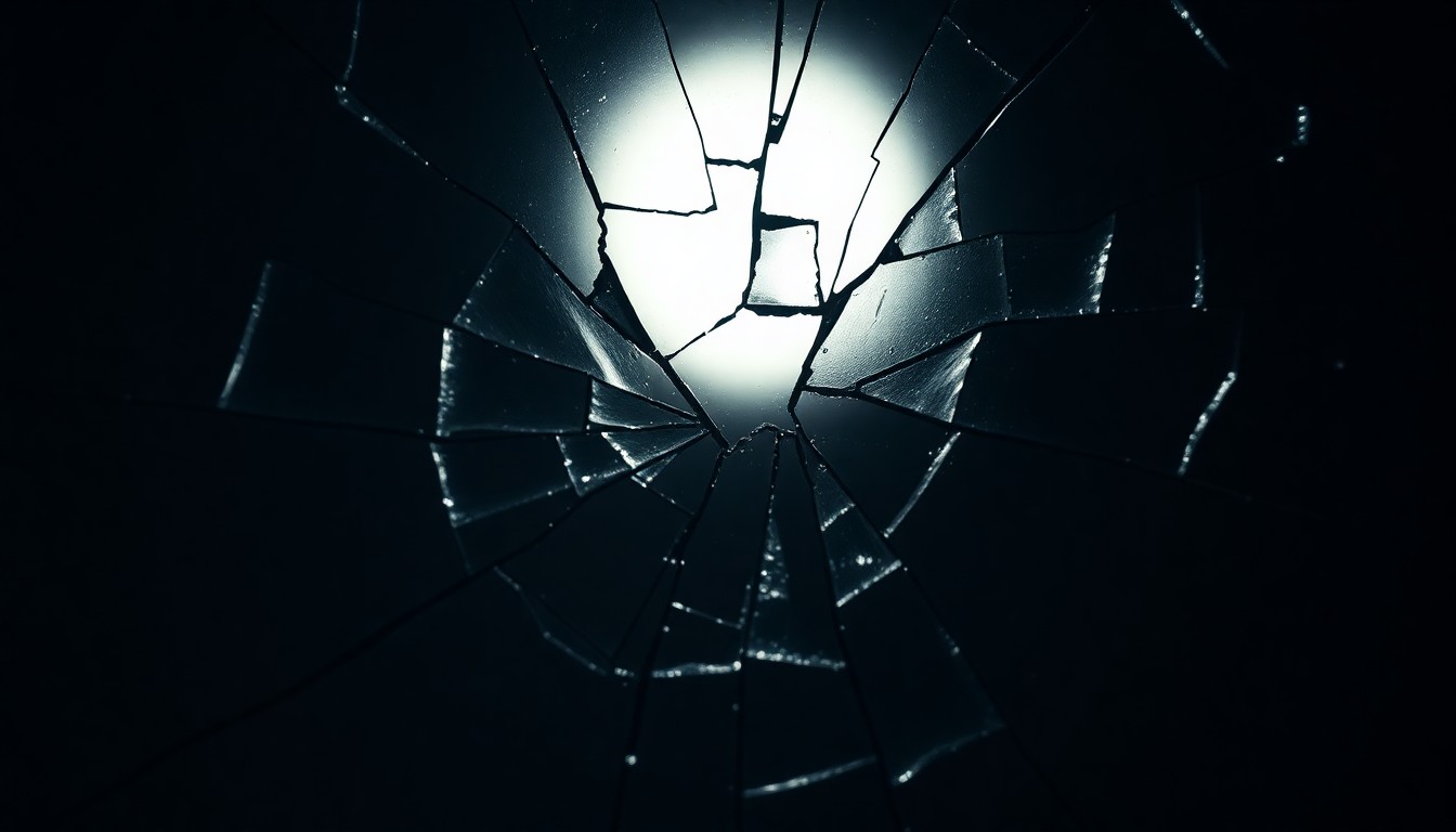 An abstract, high-contrast close-up photograph of a shattered mirror reflecting a soft, moody light, conceptually representing the tragic loss of a young musician.