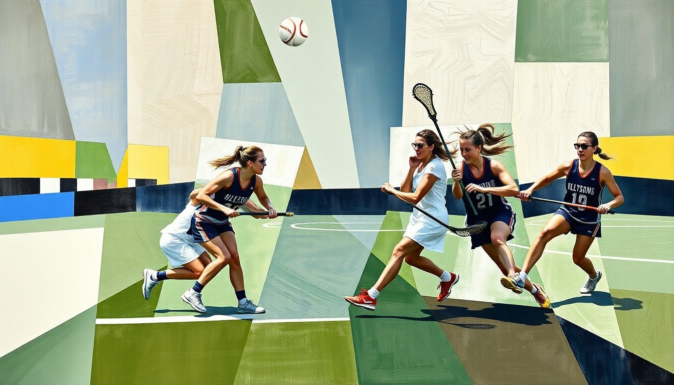 A fractured, cubist painting depicting the overlapping movements and trajectories of players and a lacrosse ball on a field, rendered in a geometric, deconstructed visual style that captures the sport's fast-paced action.
