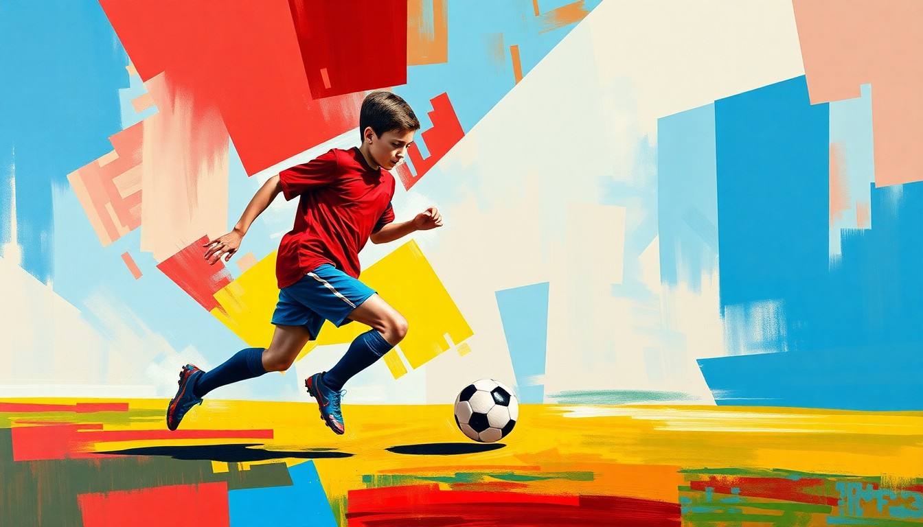 A fractured, multi-perspective painting depicting a young soccer player in mid-dribble, with sharp, overlapping geometric planes in vibrant colors of red, blue, and yellow, conceptually representing the complex future facing the promising young talent.