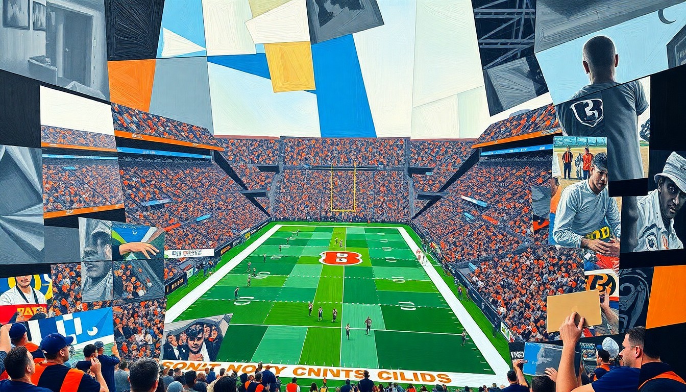 A fractured, geometric painting depicting a football game in motion, with players and the field broken down into sharp, overlapping planes of color and shape, capturing the strategic complexity of the Bengals' search for a dynamic tight end prospect.