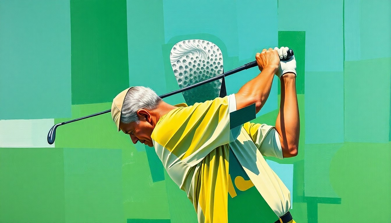A fragmented, geometric painting depicting a senior golfer in mid-swing, the figure broken down into sharp, overlapping planes of emerald green, sky blue, and ochre yellow, conveying the raw athleticism and precision of senior golf competition.