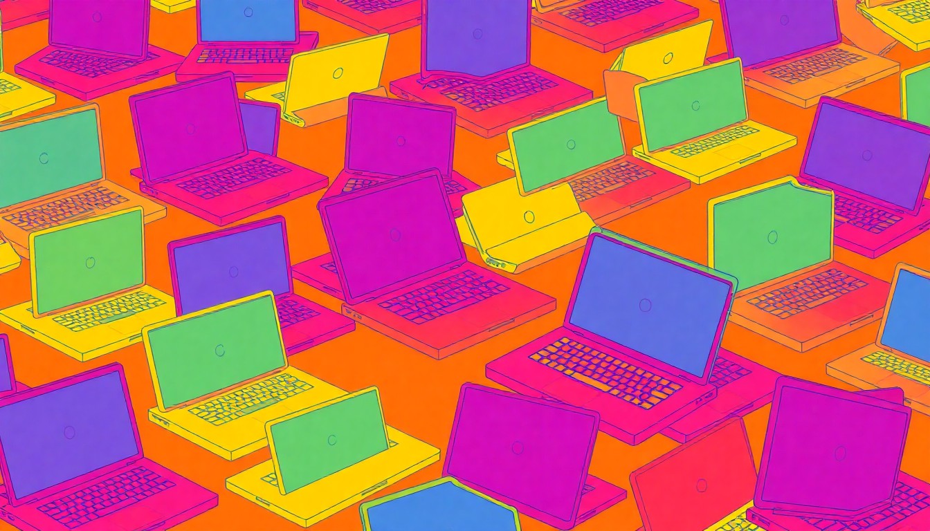 A vibrant, high-contrast silkscreen print of an open laptop computer repeated in a grid, conveying the flexible and accessible nature of Red Rocks Community College's adult learner programs.