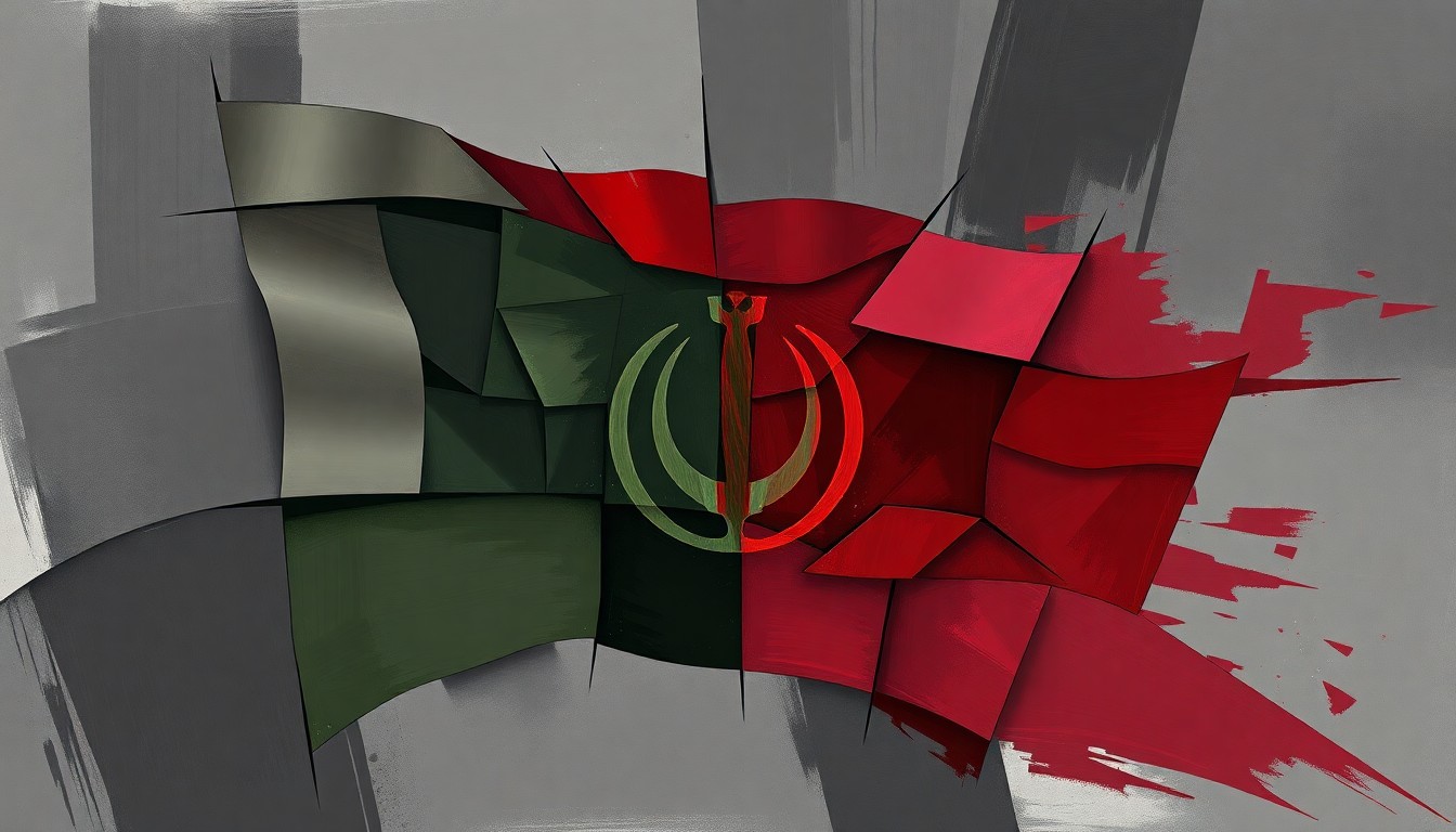 A highly textured, abstract painting in shades of grey, green, and red, featuring a fragmented, geometric representation of an Iranian security symbol or emblem, conveying a sense of disruption and instability.