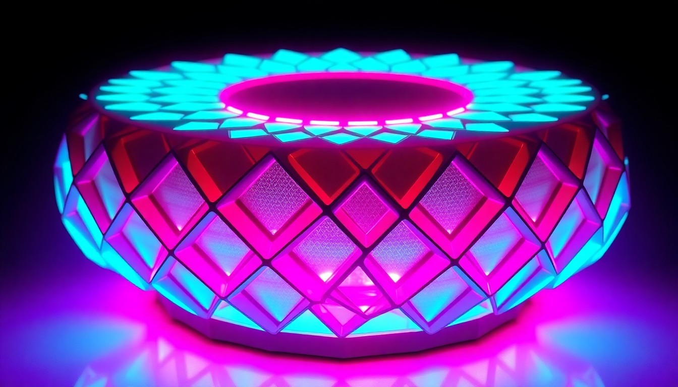A highly detailed, glowing 3D illustration of a diamond-patterned heat sink or cooling module, with neon cyan and magenta lights illuminating the intricate geometric structure, conceptually representing advanced cooling technology for electronics.