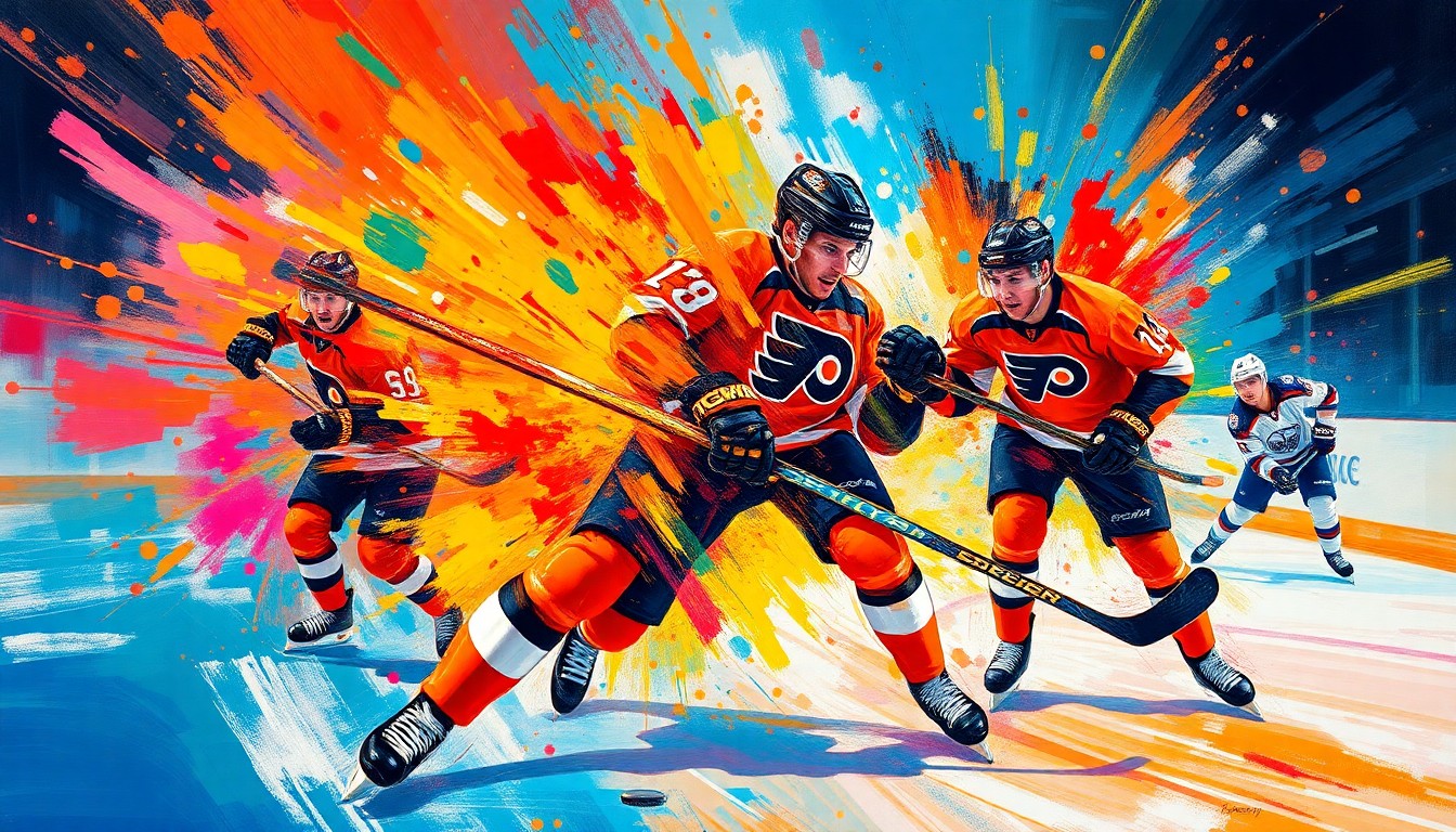 An abstract, expressionist painting in vibrant neon colors, capturing the raw energy and intensity of a high-scoring hockey game, with players' forms and movements dissolving into a dynamic, colorful composition.