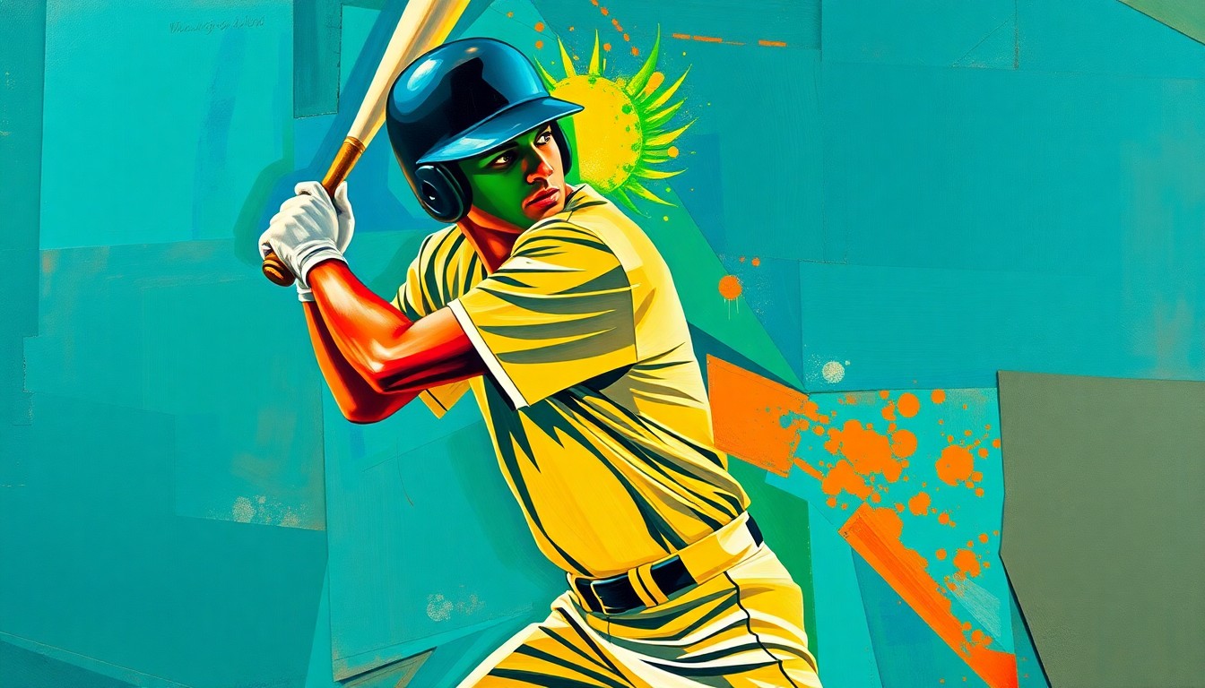 A fractured, multi-perspective painting depicting a baseball player's batting stance and swing, broken down into sharp, overlapping geometric shapes in vibrant colors like deep blue, fiery orange, and emerald green, conceptually representing the complexities of Ramón Laureano's career trajectory.