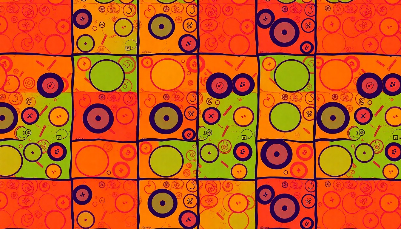 A vibrant, high-contrast silkscreen print depicting several square-cut slices of Columbus-style pizza, each featuring a variety of bold toppings arranged in a repeating grid pattern, conceptually representing the creative and visually striking nature of this regional pizza style.