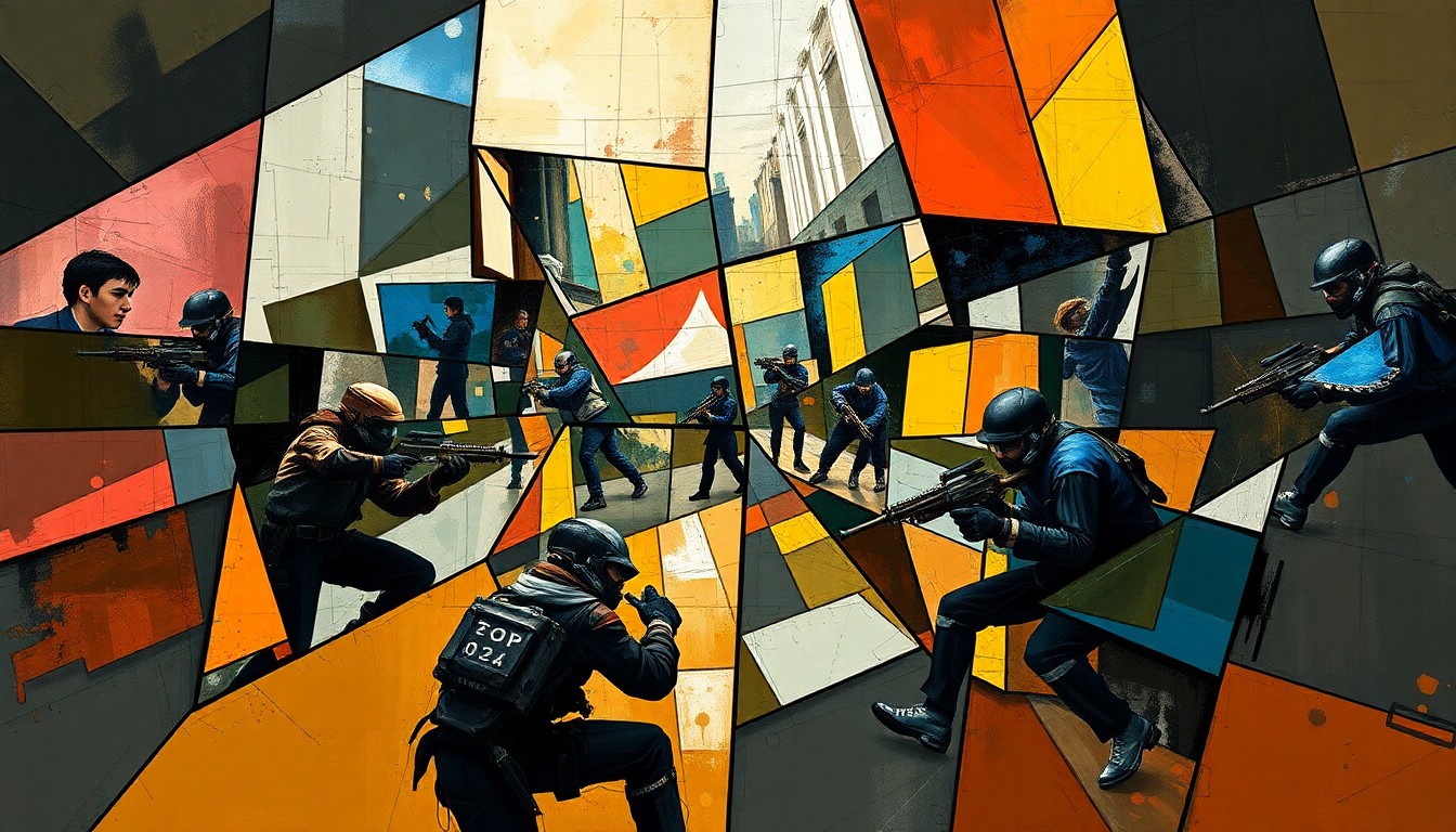 A fractured, multi-perspective painting in the style of Pablo Picasso, breaking down a CS2 esports match between two teams into sharp, overlapping geometric planes. The players' movements and the intensity of the competition are expressed through the cubist style.
